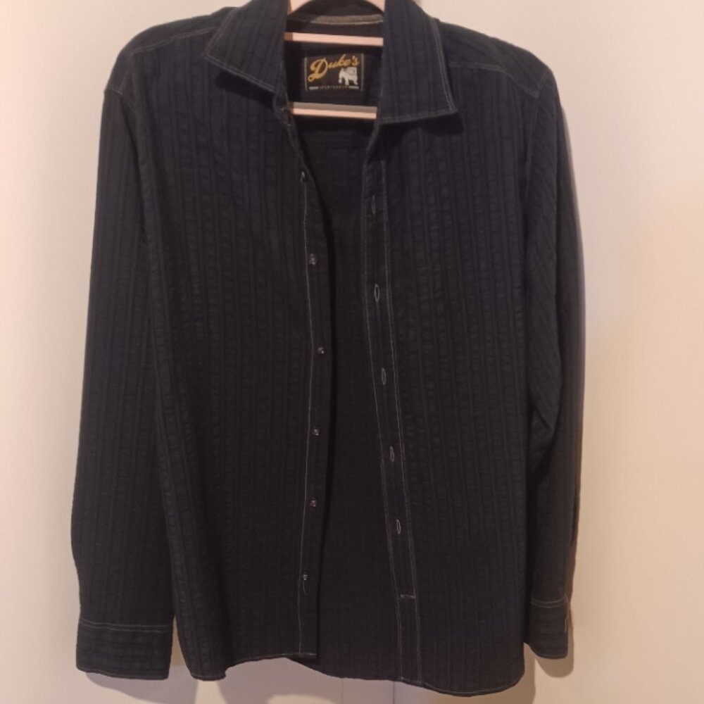 Duke's Black Textured Button down Collared Long Sleeve Vertical Striped Shirt L